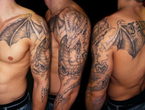 Left Half Sleeve Dragon Black And White Tattoo